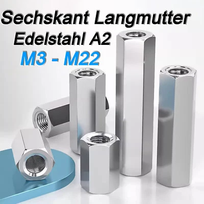 Verbindungsmuffe Sechskant M3 M4 M5 - M22 Edelstahl V2A A2 Langmutter DIN 6334 - Bild 1 von 4