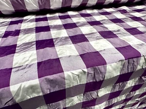 Crush Taffeta Faux Silk Fabric, Per Metre - Gingham Check - Purple & White - Picture 1 of 3