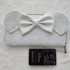 Cartera Loungefly Disney Minnie Mouse Lentejuelas Blancas Cremallera Alrededor Boda Novia Nueva con Etiquetas - Imagen 1 de 16