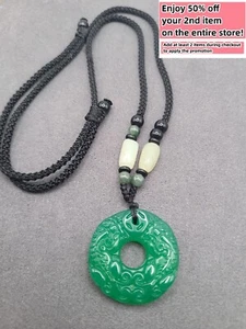 Jade Charm Pendant Necklace W/ Beads Cord Handmade Round Carved Green Gemstone - Picture 1 of 6