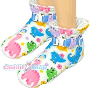 Cuddlz Cream Dinosaur Fleece Adult Size Booties Padded Locking Lockable Straps - Picture 1 of 3