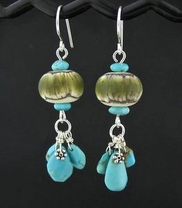 Number 8 Turquoise Green Lampwork Clustered Stone Earrings, Rare Stone Jewelry - Picture 1 of 6