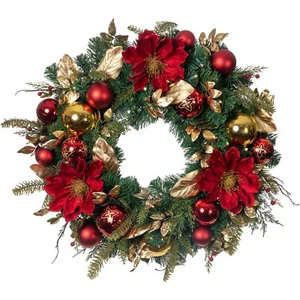 30 in. Lighted Christmas Wreath - Golden Leaf Red Magnolia - Picture 1 of 10