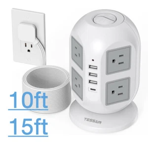 Power Strip Tower Surge Protector with 8 Outlet USB C 10/15 FT Extension Cord - Picture 1 of 15