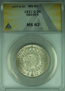 1937-G Schweden 2 Kronen Silbermünze ANACS MS-62 - Bild 1 von 2