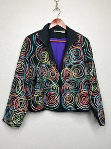 Vintage Size Large Women's 80's Style Beaded Black Jacket w/ Colorful Ribbons - Picture 1 of 8