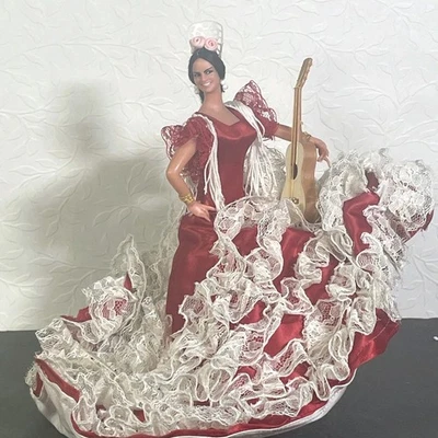 Vtg Marin Chiclana Spanish Flamenco Dancer Doll Red Dress Guitar Spain  - Image 1 of 4
