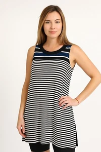 J.Jill Wearever Tunic Top Womens Medium Tall Blue Black Striped Sleeveless - Picture 1 of 13