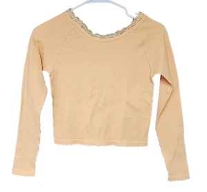 Nordstrom Truce YOUTH XL (16) Lace Neck Long Sleeve Ribbed Crop Shirt - Peach - Picture 1 of 10