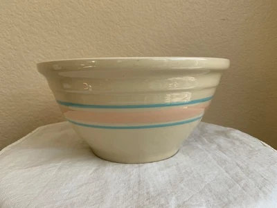 Tigela de cerâmica McCoy Oven Ware listra azul rosa 10" tigela de mistura de massa EUA - Imagem 1 de 4