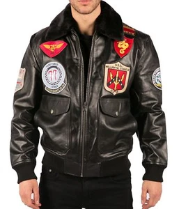 Chaqueta de cuero para hombre Bomber EE. UU. negra militar chaqueta de aviador cuello de piel logotipo - Imagen 1 de 6