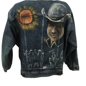 Vtg Gitano Trucker Jean Jacket OOAK Hand Painted Cowboy Portrait Sun Size L - Picture 1 of 12