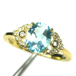 Gemstone 7 x 9 mm. Sky Blue Topaz & White zircon Brand Ring 925 Silver Size 8