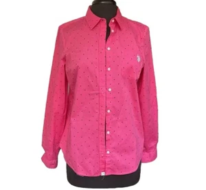 U.S. Polo Assn Women Size L Shirt Pink Dot Poplin Fitted Long Sleeve Button Up - Picture 1 of 10
