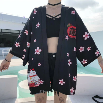 Lady Girl Japanese Kimono Coat Loose Yukata Outwear Tops Fortune Lucky Cat Soft - Image 1 of 4