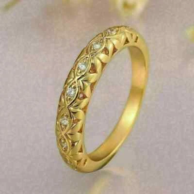 Anillo de alianza de boda de diamantes simulados de corte redondo de 2 quilates enchapado en oro amarillo de 14 k Foto 1 de 4