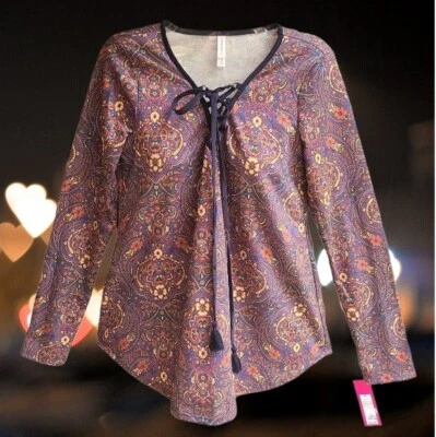 Xhilaration Women's Long Sleeve Lace-Up Knit Swing Top Plum Purple Size XS NEW - Image 1 of 4