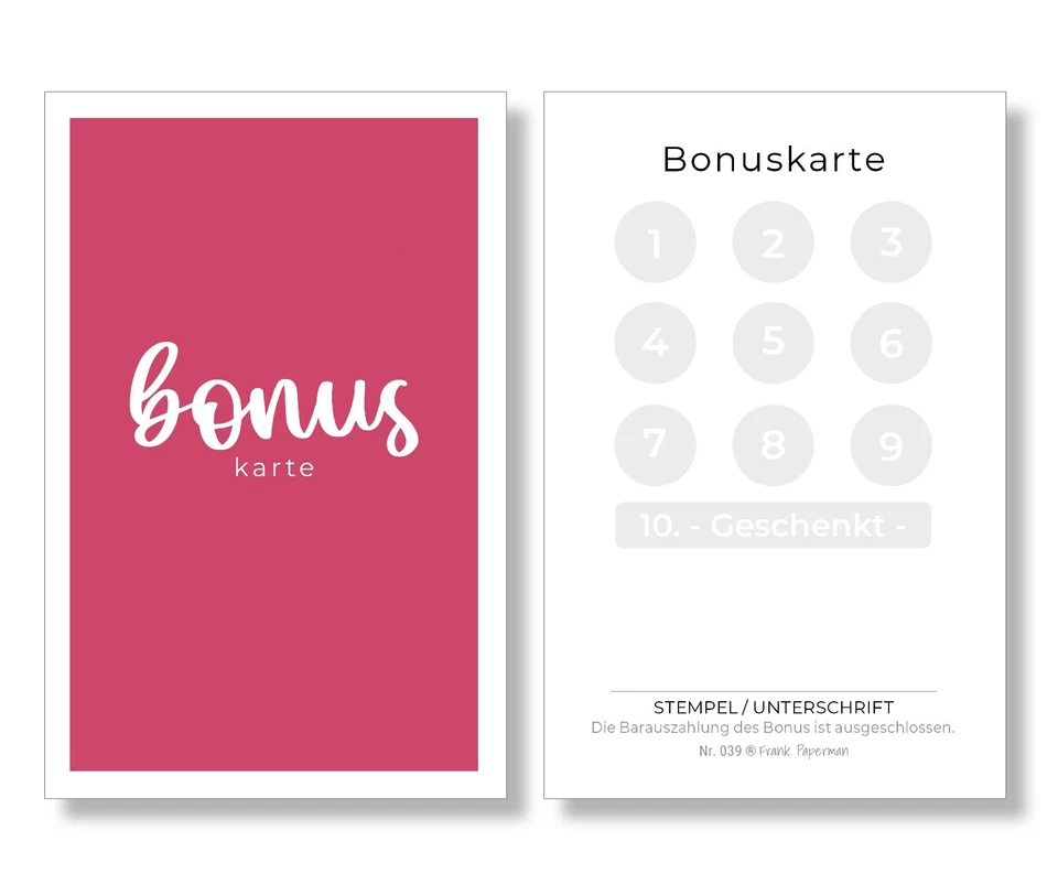 Frank Paperman® | 125/200 Bonuskarte für Kunden | Magenta 10er Bonus Treuekarte