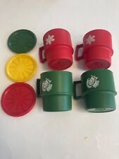 Vintage Set of (4) Tupperware Christmas Mugs & Coasters Red & Green Made in USA