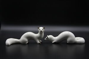 Porcelanowa kuna para vintage białe figurki fretki groszonki łasica polonne