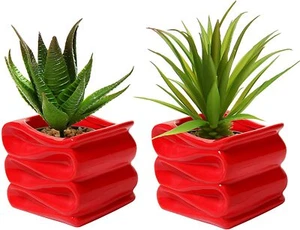 Juego de 2 macetas pequeñas de cerámica de diseño decorativo moderno plegado rojo de 4 pulgadas - Imagen 1 de 4