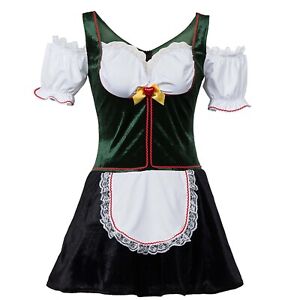 Women Beer Girl Oktoberfest Bavarian Dirndl Costume Lace Trim Ruffled Maid Dress