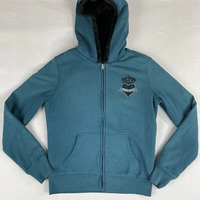 Sudadera con capucha Guess Jeans forrada de piel sintética con cremallera para mujer L verde azulado negro Y2K grunge Foto 1 de 4