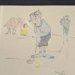 Arte encontrado de colección divertido dibujo dibujado a mano cómic golf arena trampa camello firmado 4x6 5x7 - Imagen 1 de 12