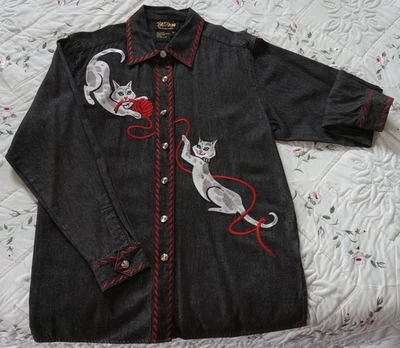 Auténtica Camisa Bob Mackie Usable Arte Gato Exclusiva Lujo Bordada Foto 1 de 4