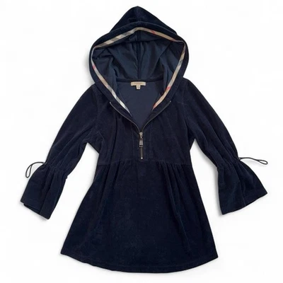 Sudadera con Capucha Burberry Vintage Azul Marino Terciopelo Media Cremallera Manga Cuarto Pequeña Cuadros Foto 1 de 4