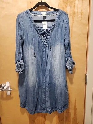 VESTIDO CAMISA INFORMAL ESTILO VAQUERO SCOUT VESTIDO MANGAS ENROLLABLES LENGÜETA TALLA 1X Foto 1 de 4