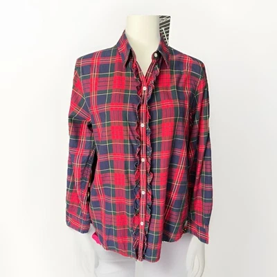 Vintage Lauren Ralph Lauren Ruffle Front Tartan Plaid Button Up Shirt Holiday L - Image 1 of 4