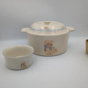 Vintage Tienshan Country Bear 2 Qt Round Casserole Dish With Lid And Small Bowl - Picture 1 of 13