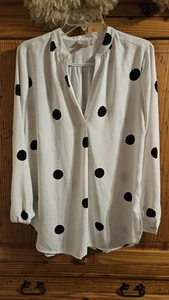 Womens Loft Size Medium White Black Polka Dot Long Sleeve Sheer V Neck Top - Picture 1 of 4