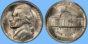 1944 P Jefferson Nickel ~ Stempelglanz ~ 35% Silber 5c US Münze ~ 2. Weltkrieg - Bild 1 von 1