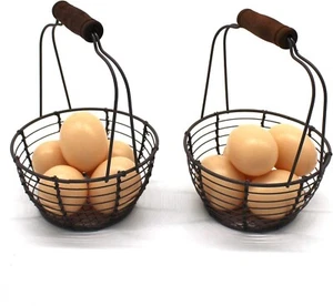 Set of 2 Metal Wire Mini Egg Baskets Rust Gathering Baskets with Wooden Handle C - Picture 1 of 4