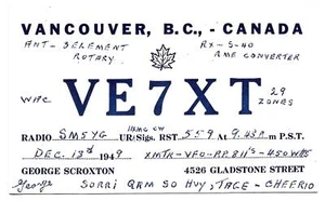 Radio QSL VE7XT Vancouver Columbia Británica Canadá 1949 George Scroxton DX - Imagen 1 de 1