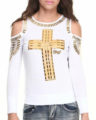 COOGI с заклепками Золотой крест футболка белый холодные плечи толстовка Топ женщин рубашка новый - Изображение 1 из 4