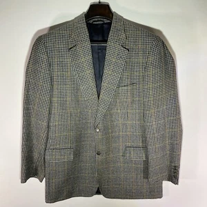 BURBERRY Womens Blazer Jacket Navy Blue Wool Houndstooth Padded Shoulder Large - Picture 1 of 24