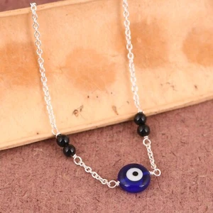 Silver Evil Eye Chain Bracelet Blue Resin & Onyx Nazar Protection Women Jewelry - Picture 1 of 11