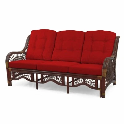 Malibu Handmade 3-Seater Natural Rattan Wicker Dark Brown, Burgundy Cushions - Image 1 of 4