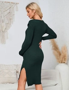KOJOOIN Women's Maternity V Neck Sweater Dress Rib Knit Long Sleeve Bodycon Side - Picture 1 of 6