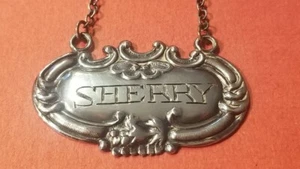 Sterling Silver SHERRY Decanter Liquor Bottle Tag w/Chain Sign Label 2"x1" - Picture 1 of 4