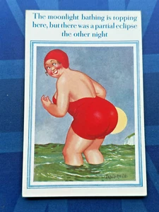 Saucy Donald McGill Comic Postcard 1930s BBW Bathing Beauty Moonlight No 4 - Picture 1 of 2