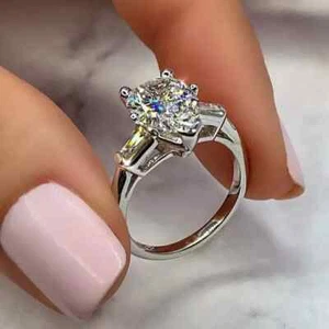 2.50Ct Pear Cut Moissanite Three-Stone Engagement Ring 14K White Gold Plated - Picture 1 of 4