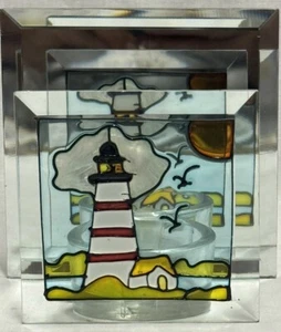 Stained Glass Lighthouse 3” Votive Tea Light Candle Holder Mirror Background 4” - Afbeelding 1 van 12