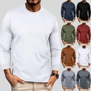 Mens Long Sleeve T-Shirt Ribbed Crew Round Neck Plain Casual Top Tee Pullover - Picture 1 of 28