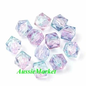 50 x beads 7mm clear pink blue colour polygon faceted cube acrylic plastic new - Picture 1 of 2