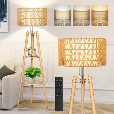 Boho Rattan Tripod Floor Lamp with Shelves, Dimmable Mid Century Modern Stand... - Image 1 of 4