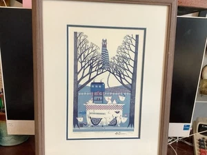 Catherine Grunewald Folk Art Signed Print “Bird Bath” Matted/Framed 1990 ~ 232/5 - Picture 1 of 10